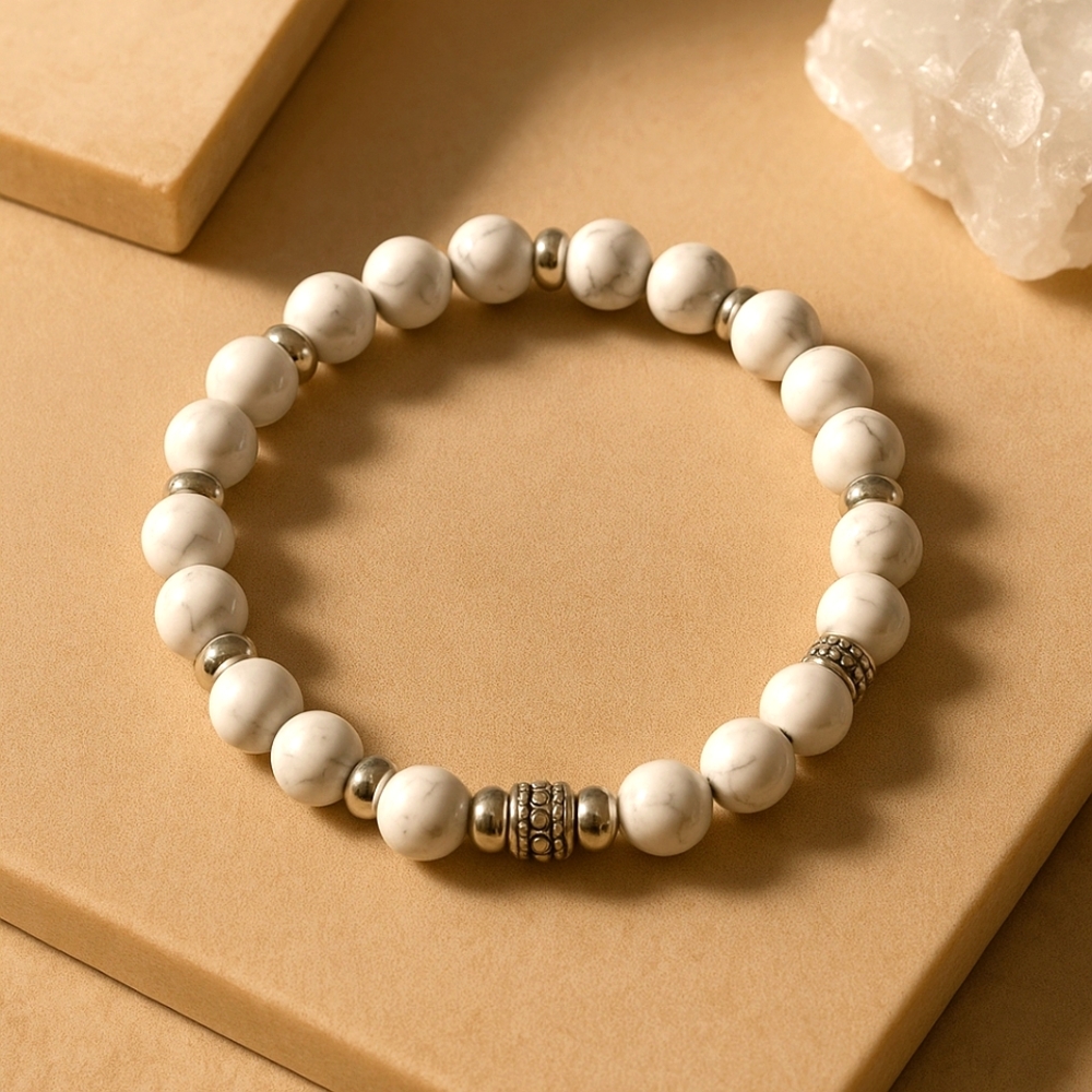 Howlite Elegant White and Silver Beaded Bracelet Stretchy